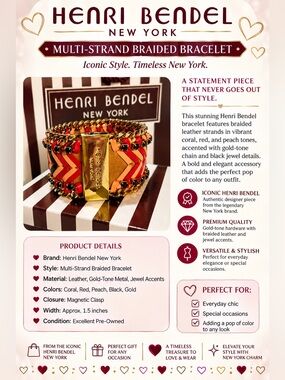 henri bendel Coral, Red, Peach, Black & Gold Multi-Strand Braided Bracelet